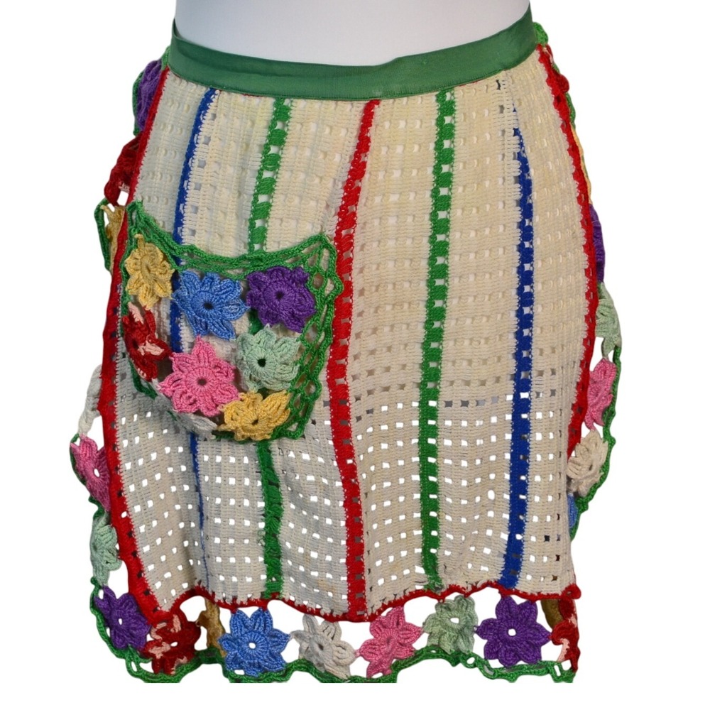 Vintage Crochet Apron Half Waist‎ Pocket Flowers Handmade Grannycore Cottagecore